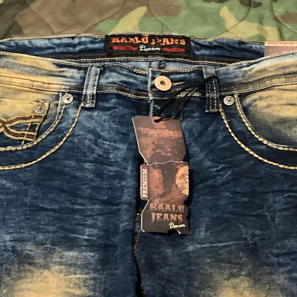 NWT KAALU slim straight thick stitch‎ washed denim mens 34/32.